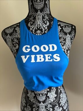 PINK Victoria's Secret Blue 'GOOD VIBES' Crop Tank